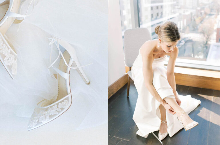 Bride putting on Bella Belle Shoes during getting ready photos at the Jacquard hotel in Dever, Colorado by Amanda Berube Photography